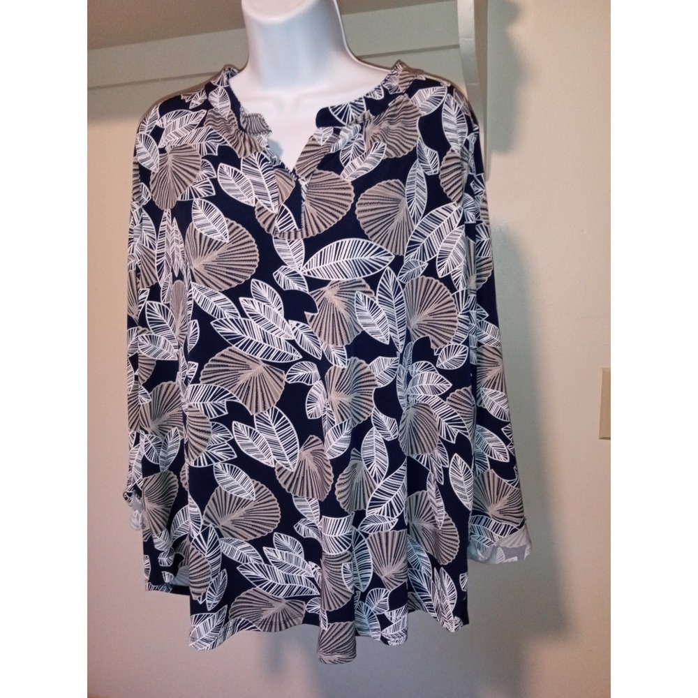 Navy Blue Tropical Leaf‎ Shell Print Roll Tab Sleeve Tunic Top T8004-X-34-BOM